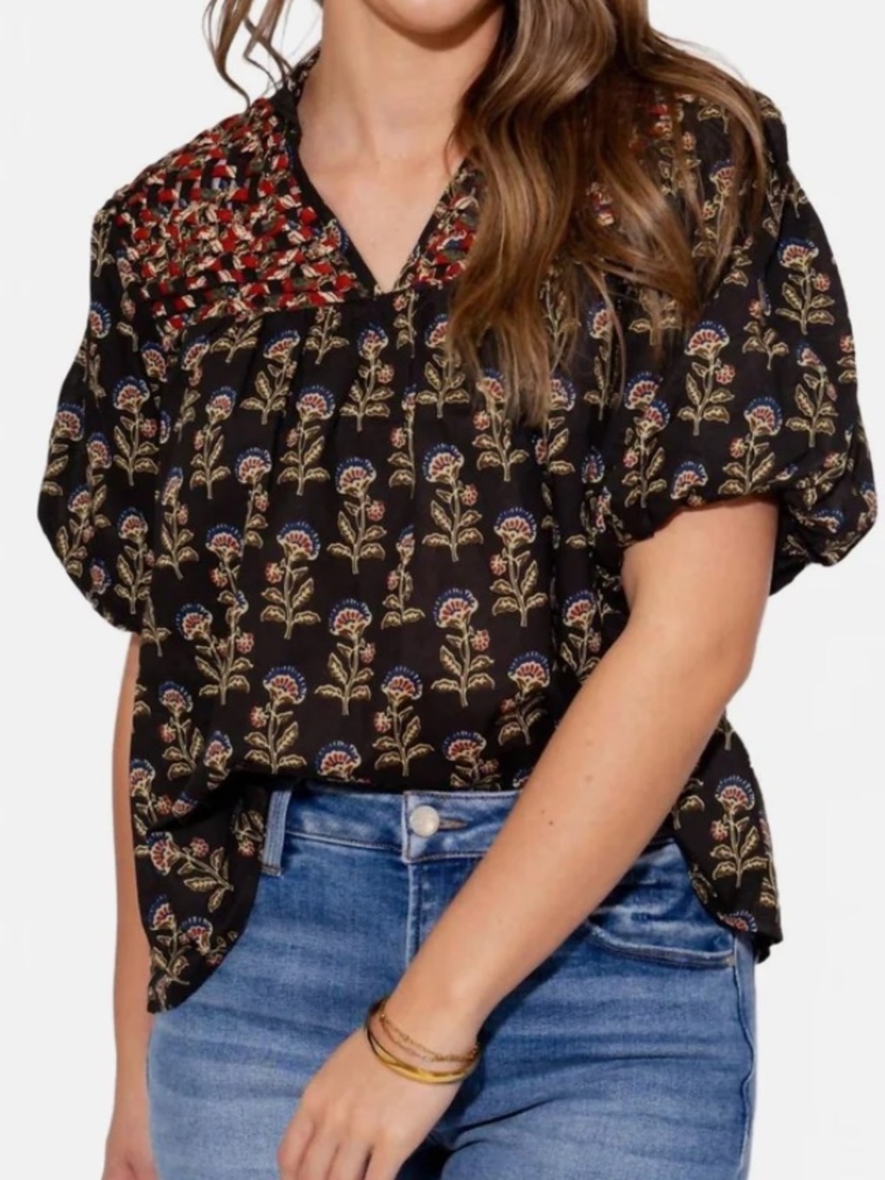 THML Woven Detail Floral Puff Sleeve Top In Black